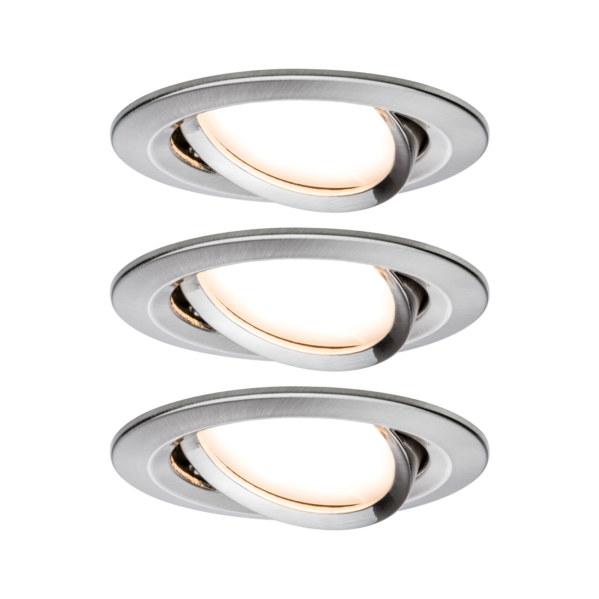 Drie ronde inbouwspots van geborsteld aluminium met warm wit licht voor moderne binnenverlichting