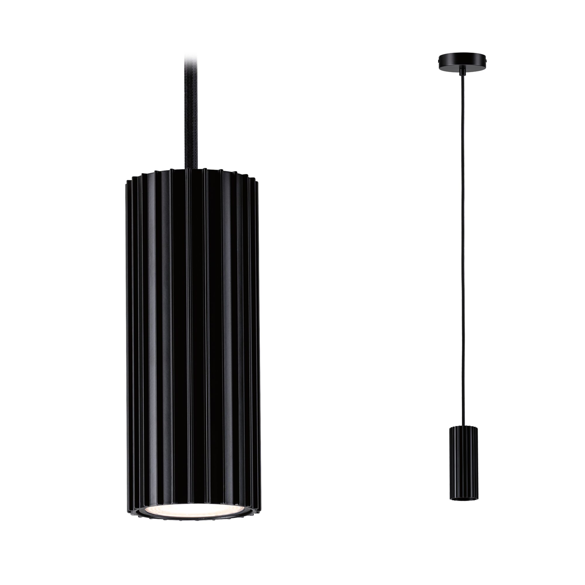 Pendelleuchte Lirena GU10 max. 10W Schwarz matt Metall Schwarze Aluminium-Pendelleuchte mit geriffeltem Zylinderdesign für moderne Innenbeleuchtung