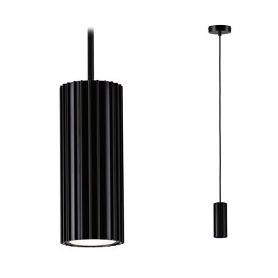 Black aluminium pendant light with ribbed cylindrical design for modern indoor lighting