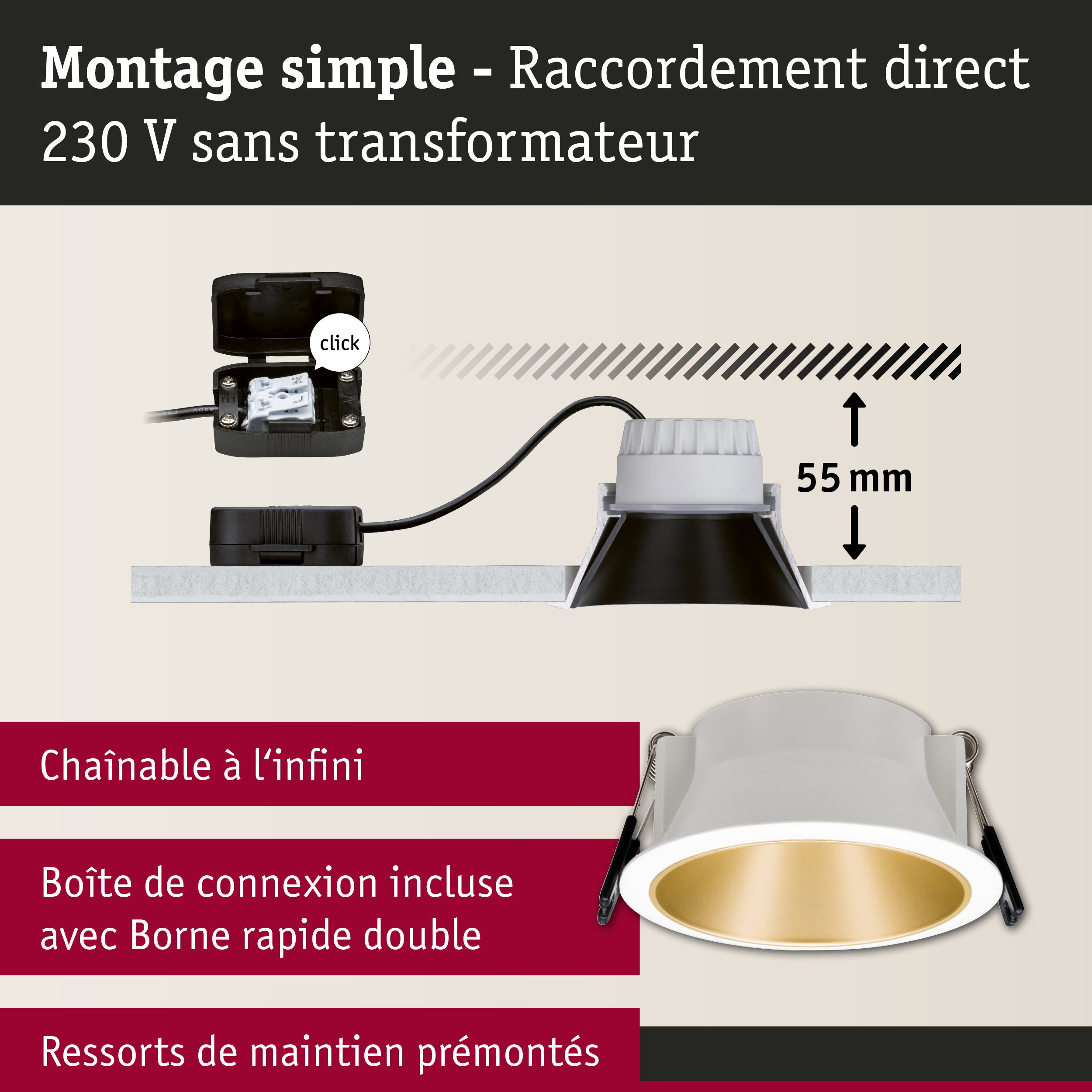 Spot encastré blanc avec intérieur doré et boîte de connexion pour 230V sans transformateur