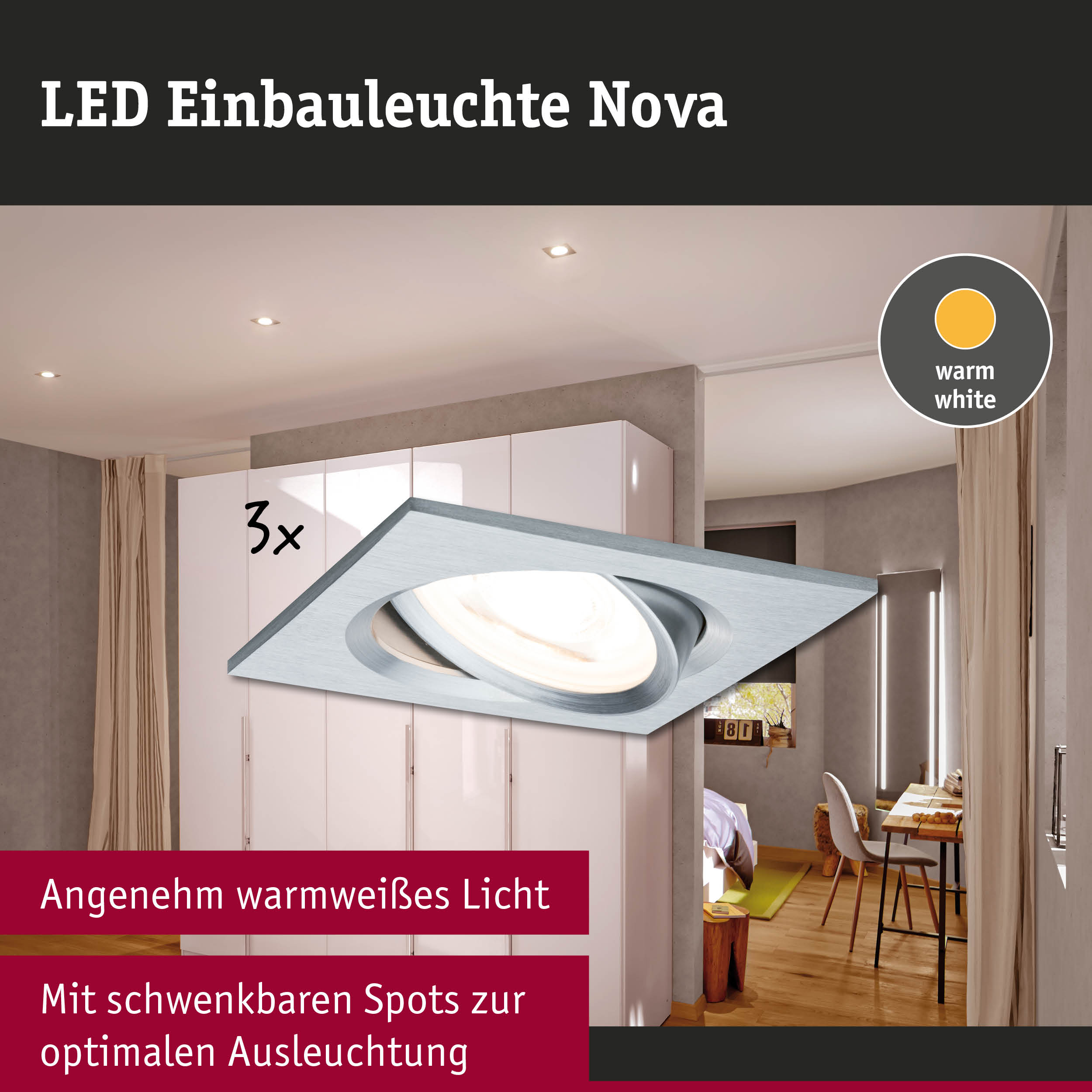 LED Einbauleuchte Nova aus Aluminium in Silber mit warmweißem Licht und schwenkbaren Spots