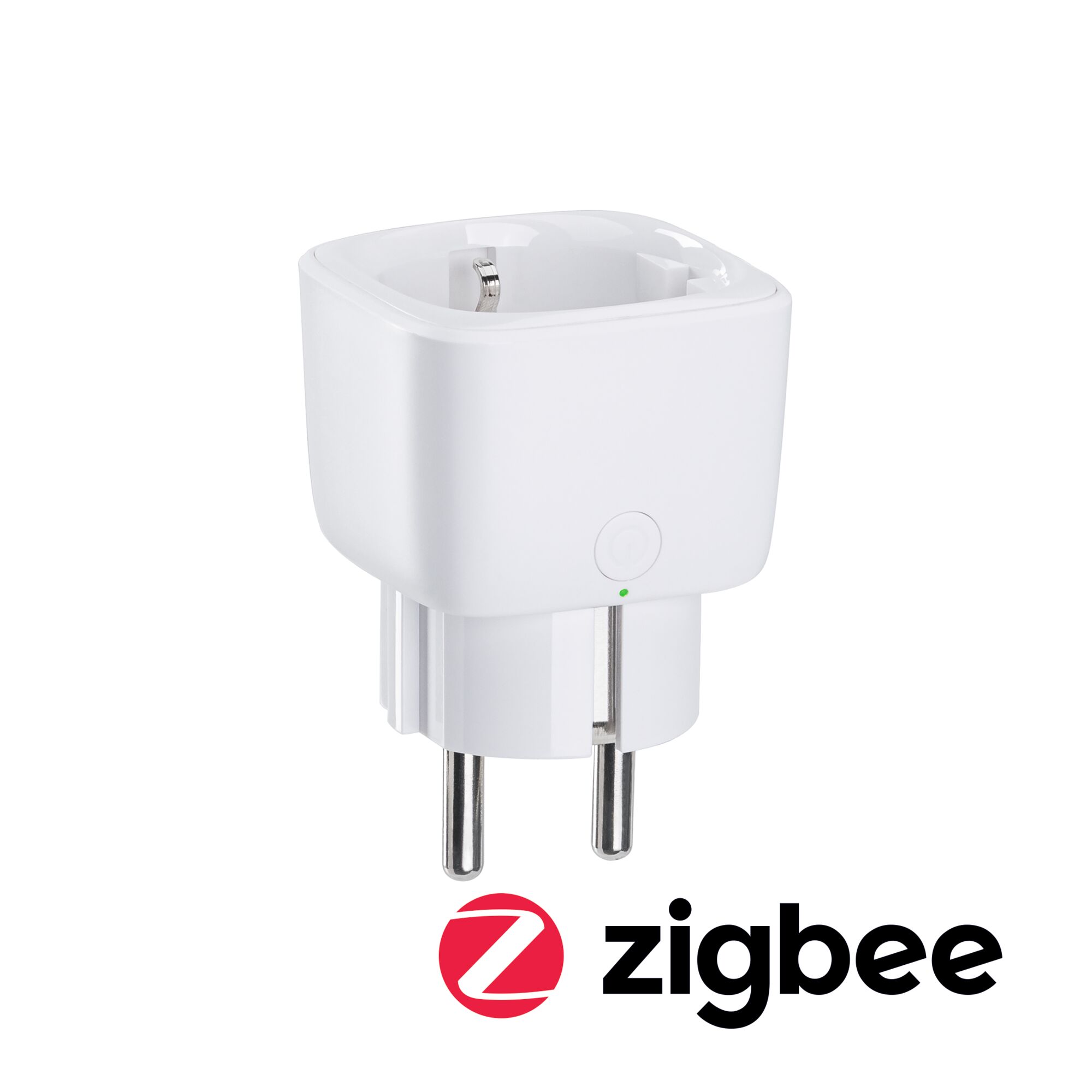 Witte Zigbee stekkeradapter van kunststof met aan/uit-knop en LED-indicator voor slimme woning