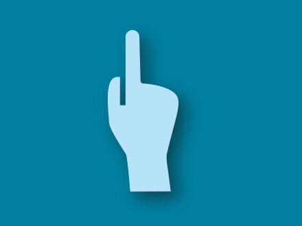 Blue hand icon with raised index finger on blue background, symbolizing responsibility concept.