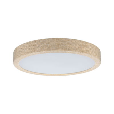 Plafonnier rond avec bord en tissu beige texturé et diffuseur blanc pour une lumière chaude