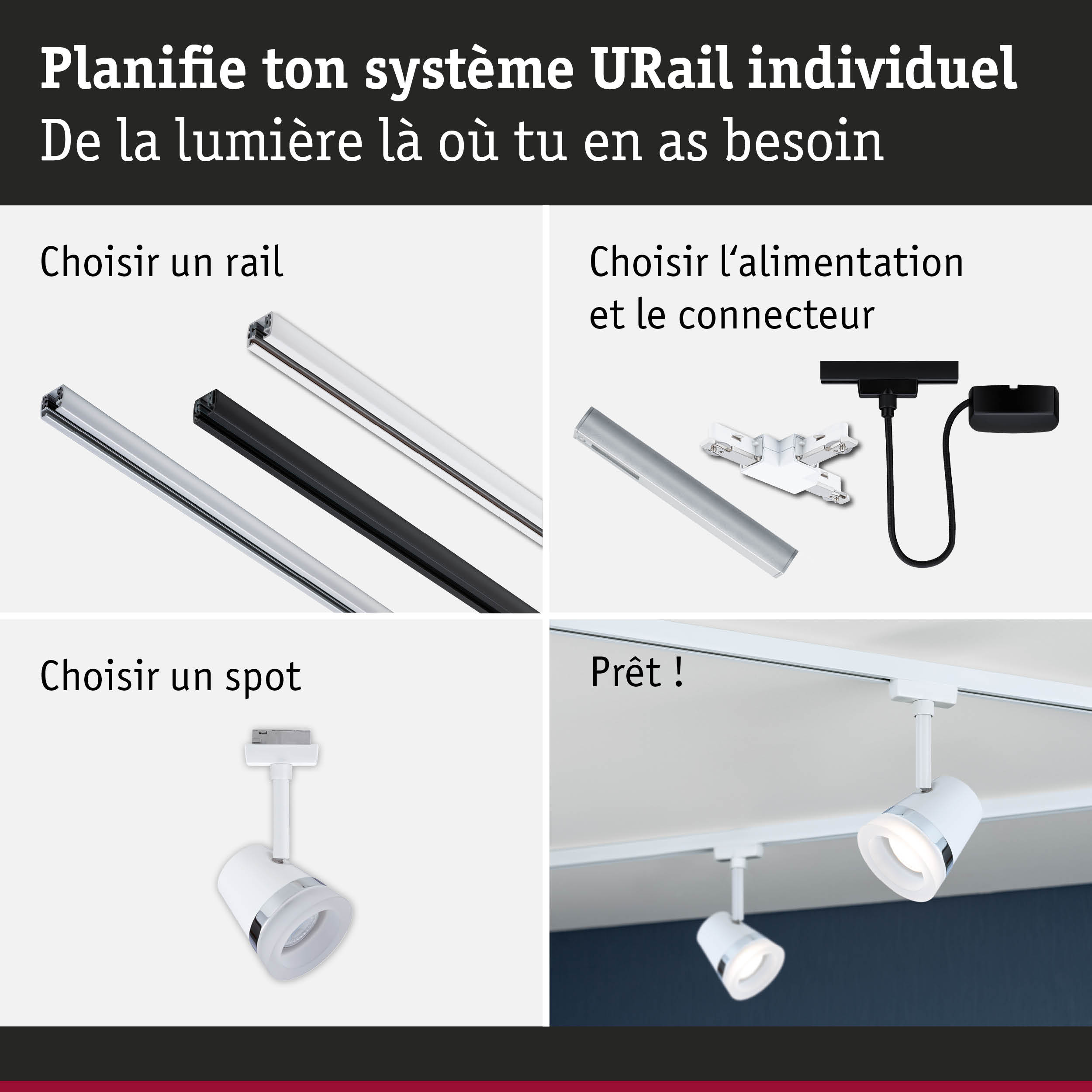 Système de rail URail modulaire en aluminium noir et blanc pour éclairage LED flexible
