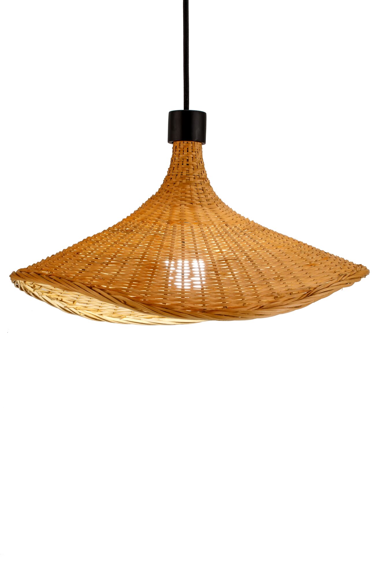 Pendant lamp with woven natural material shade in brown and black cable for home lighting