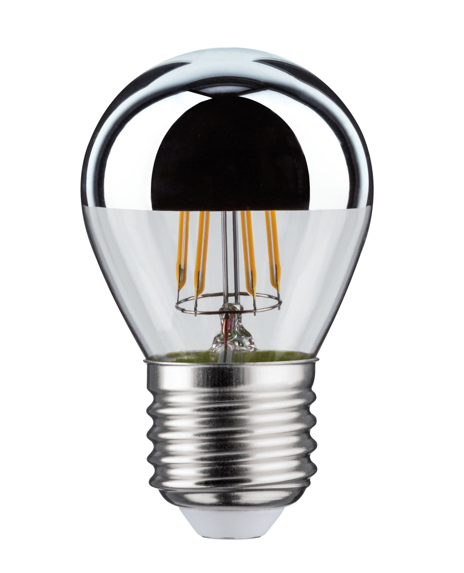 LED-Glühbirne mit silberner Spiegelkappe und transparentem Glas für energiesparende Beleuchtung