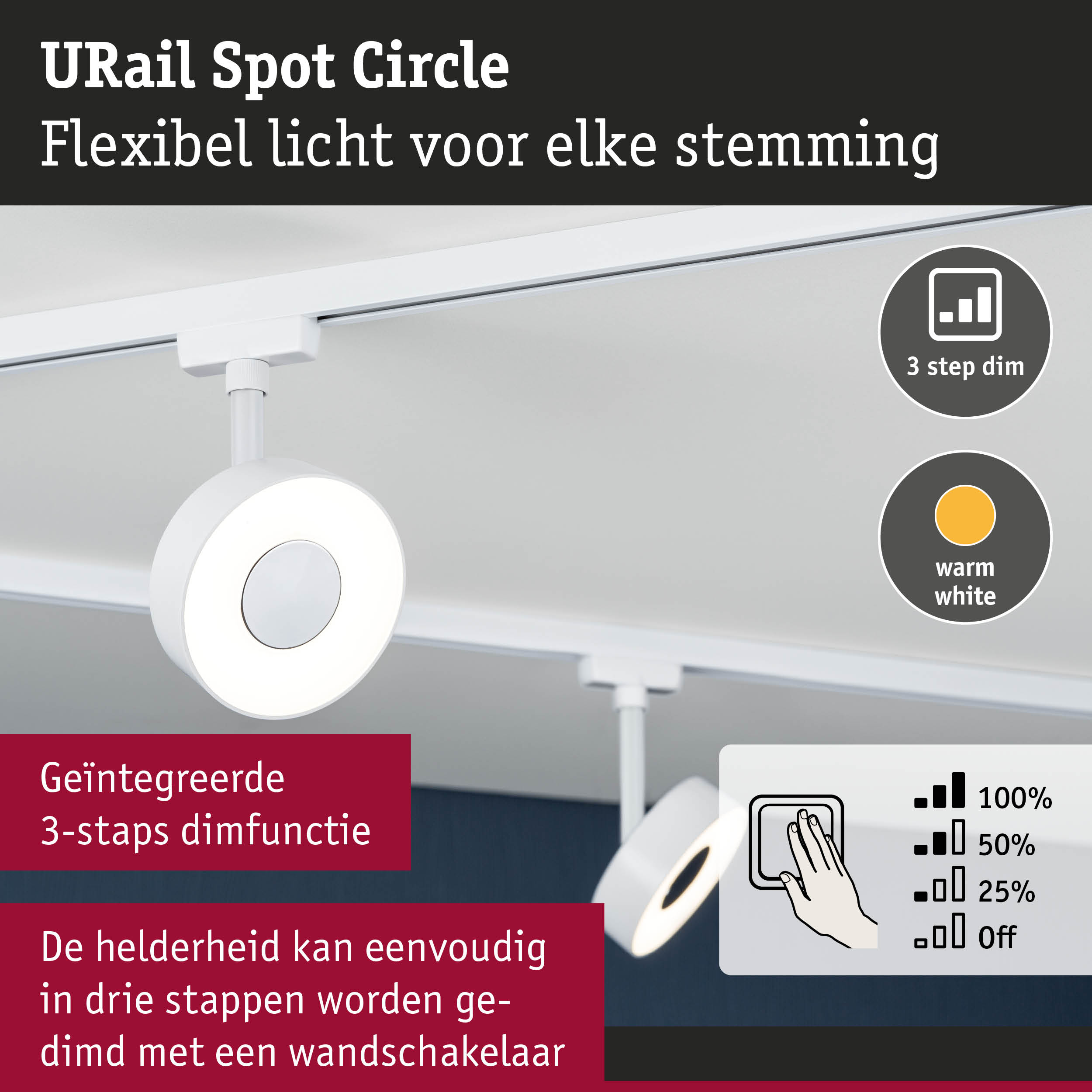 Witte URail Spot Circle LED-spot met 3-staps dimfunctie en warm wit licht voor flexibele verlichting