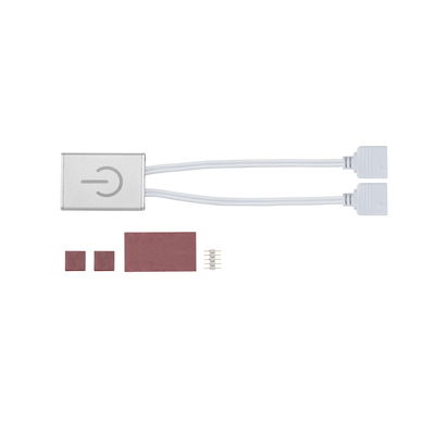 Small silver LED switch with two white cables and brown adhesive pads for light control