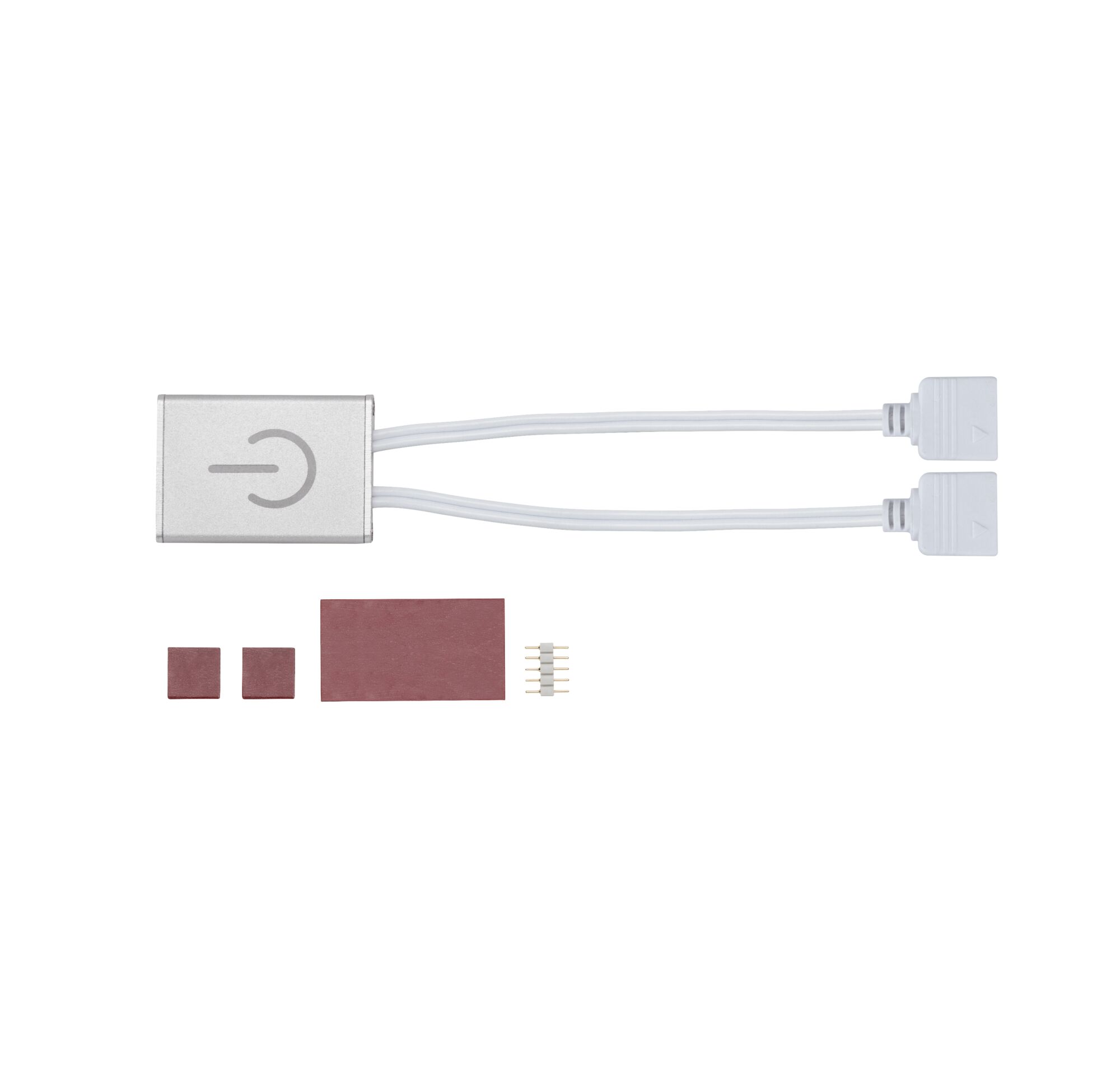 MaxLED Akcesoria Sterowanie Przełącznik Przełącznik dotykowy 24V max. 144W Srebrny Small silver LED switch with two white cables and brown adhesive pads for light control