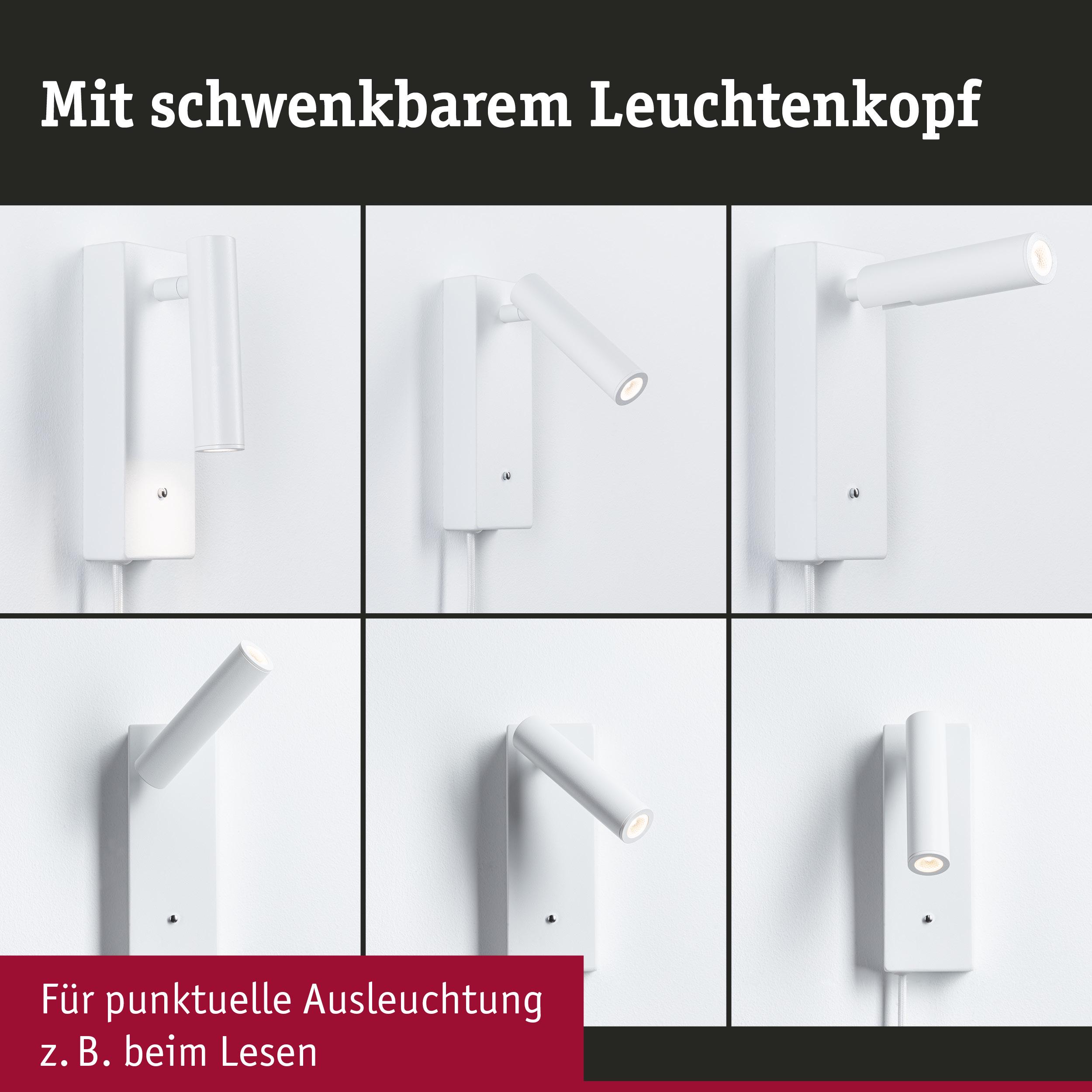 Weißer LED-Wandleuchter mit schwenkbarem Leuchtenkopf für punktuelle Beleuchtung beim Lesen