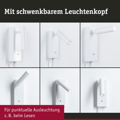 Weißer LED-Wandleuchter mit schwenkbarem Leuchtenkopf für punktuelle Beleuchtung beim Lesen