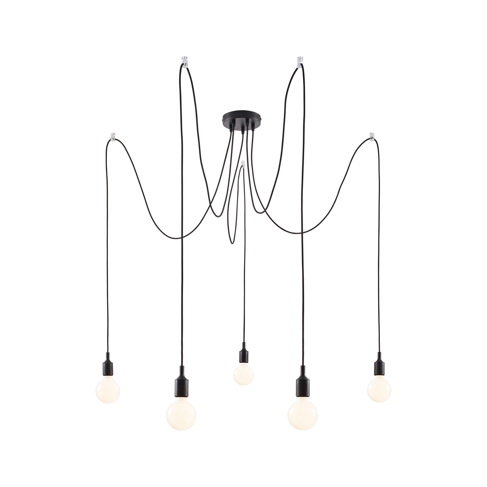 Modern black pendant light with five white bulbs and long cables for stylish living room lighting