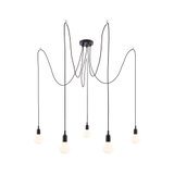 Suspension noire moderne avec cinq ampoules blanches et câbles longs pour éclairage salon élégant