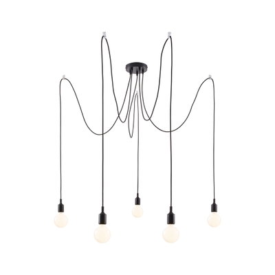 Suspension noire moderne avec cinq ampoules blanches et câbles longs pour éclairage salon élégant