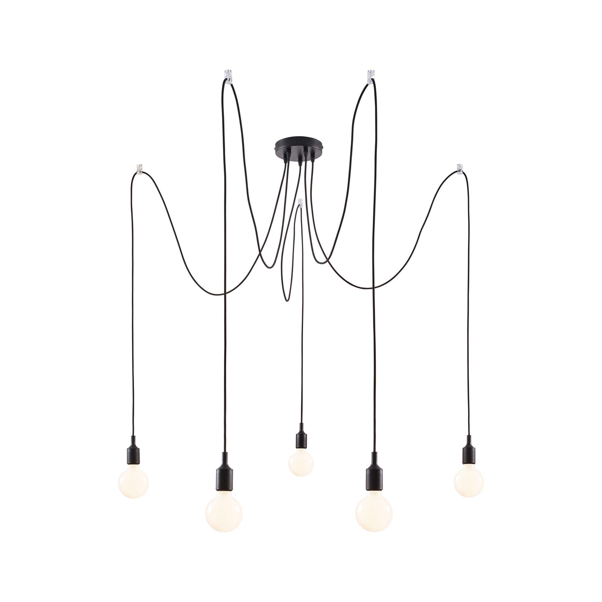 Modern black pendant light with five white bulbs and long cables for stylish living room lighting