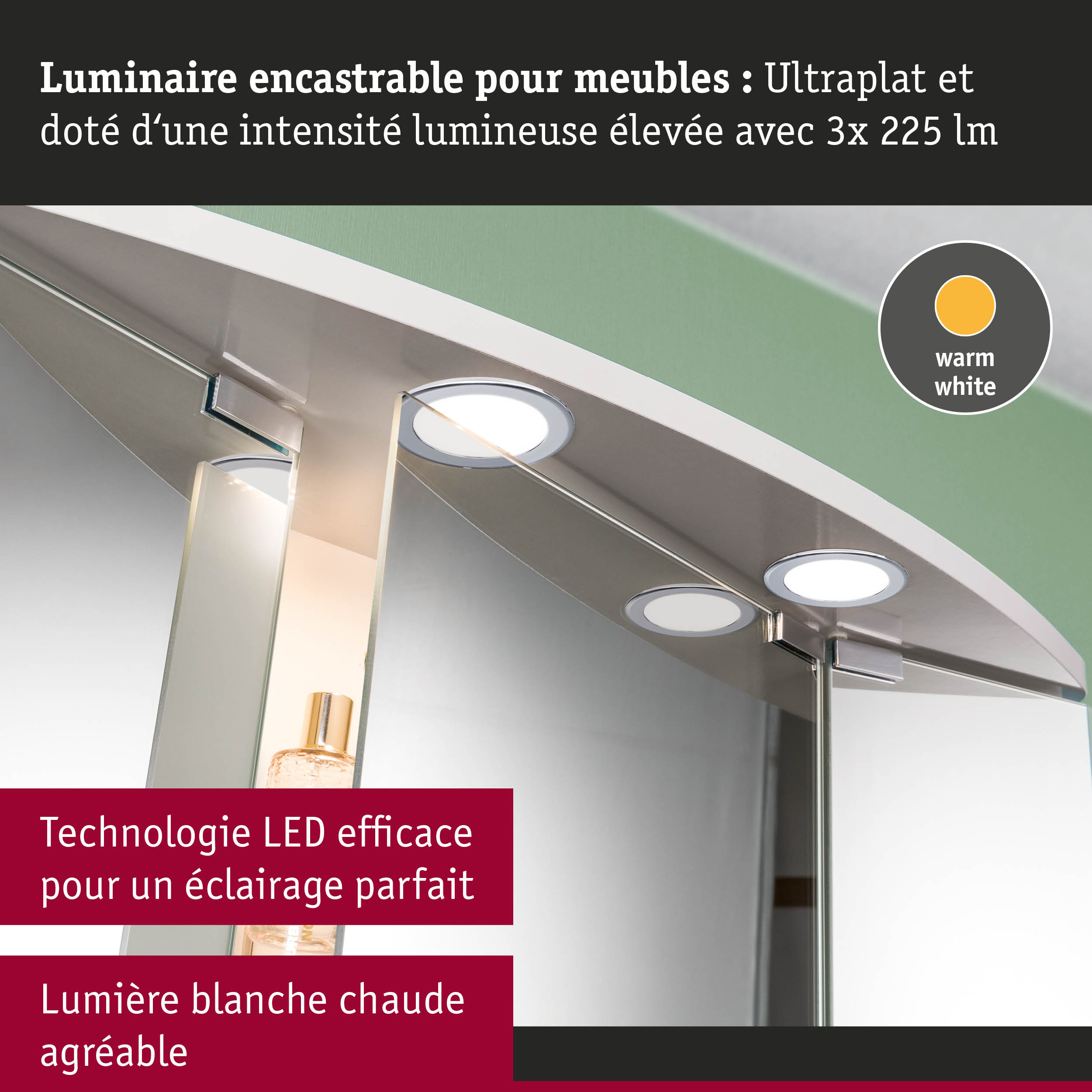 Luminaire encastrable ultraplats pour meubles avec lumière LED blanc chaud et haute intensité