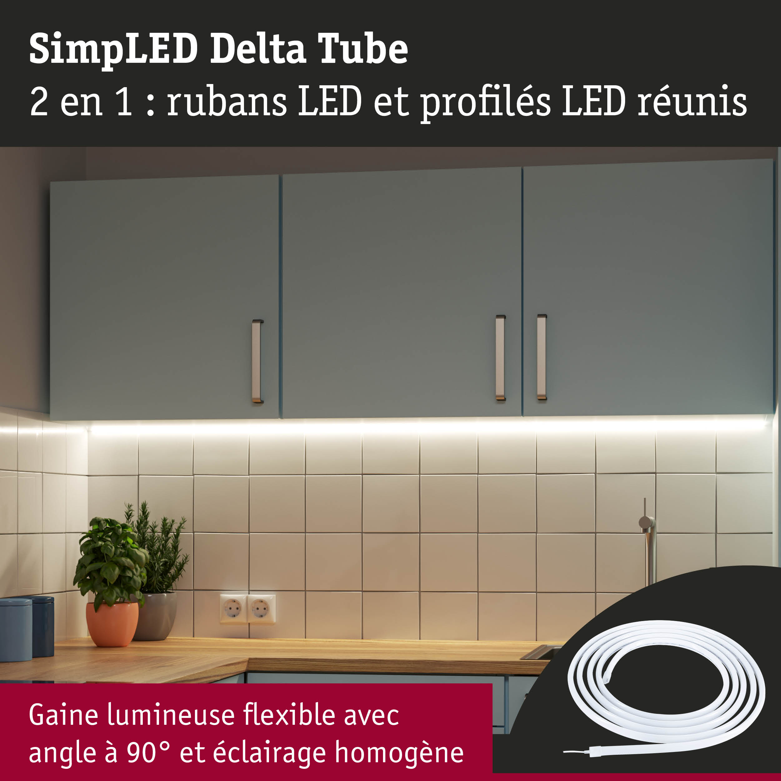 Gaine lumineuse LED flexible blanche avec angle à 90° pour éclairage homogène sous meubles de cuisine gris