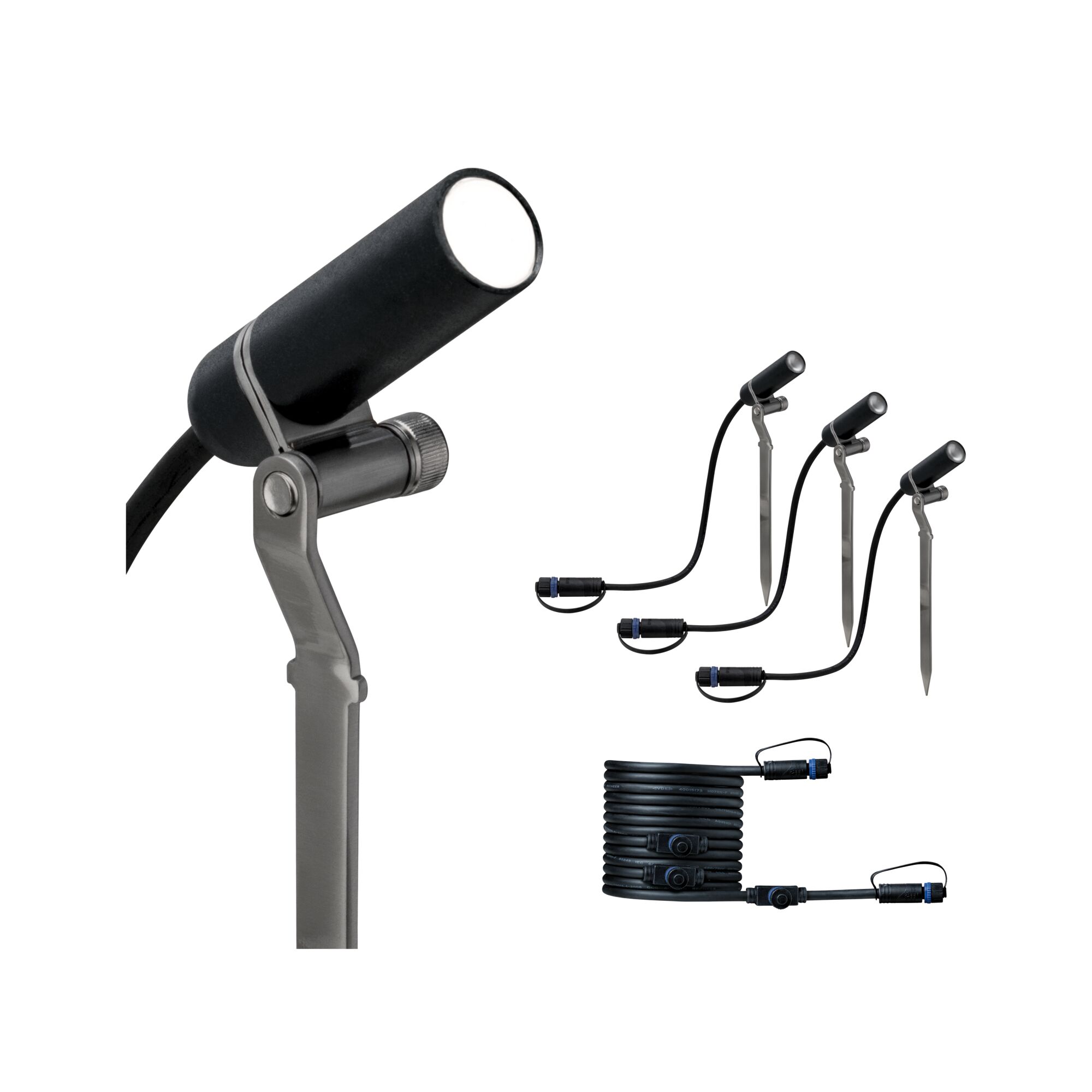 Ensemble de trois projecteurs LED de jardin noirs avec piquets et câble de connexion pour éclairage extérieur