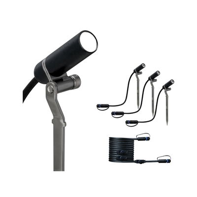 Set of three black LED garden spotlights with ground stakes and connection cable for outdoor lighting