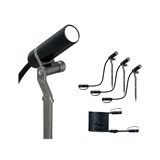 Set of three black LED garden spotlights with ground stakes and connection cable for outdoor lighting