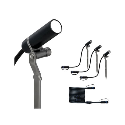 Set van drie zwarte LED-tuinschijnwerpers met grondpennen en verbindingskabel voor buitenverlichting