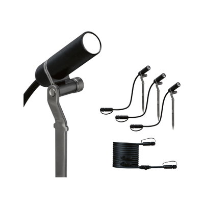 Zwarte LED-tuinschijnwerper set met grondpennen en kabel voor buitenverlichting