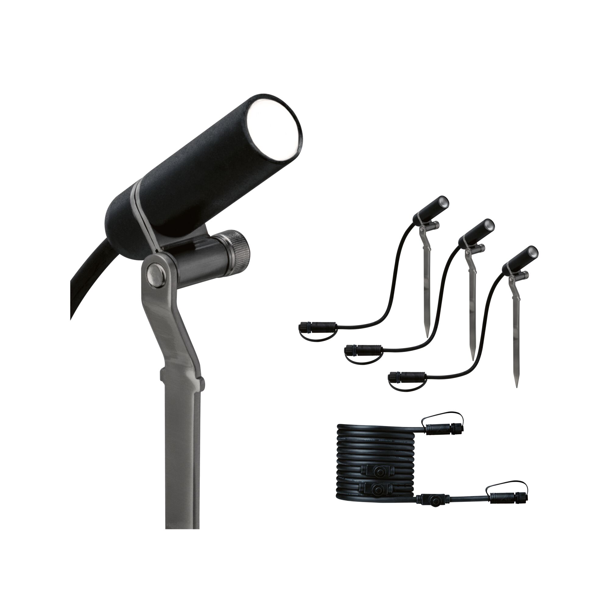 Plug & Shine LED Gartenstrahler Plantini Erweiterungsset IP65 3000K 3x2W Anthrazit Schwarzes LED-Gartenstrahler-Set mit Erdspießen und Verbindungskabel für Außenbeleuchtung