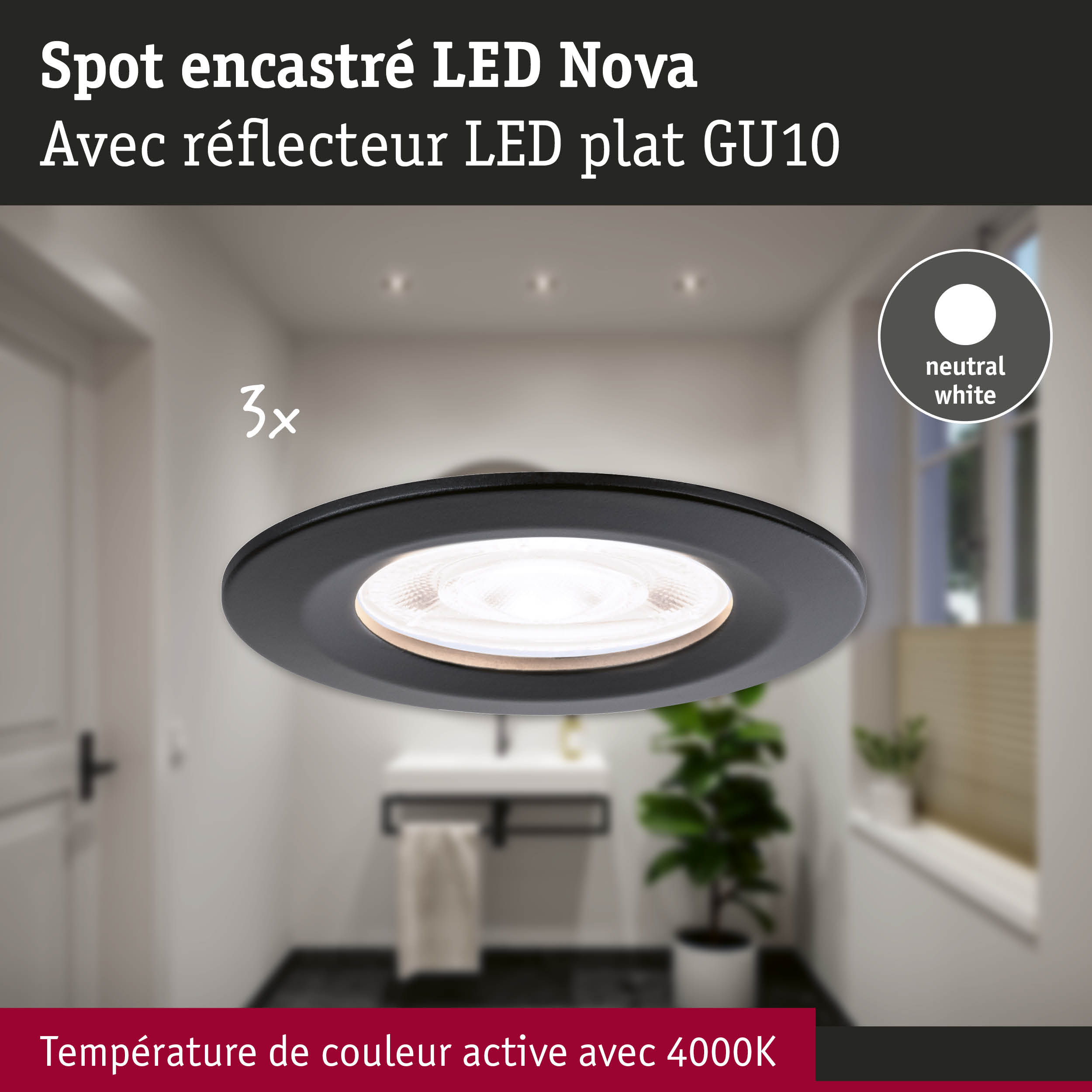Spot encastré LED Nova noir avec réflecteur plat GU10 et lumière blanc neutre 4000K