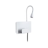 White LED wall light with flexible reading arm and practical metal shelf for modern lighting