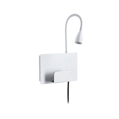 White LED wall light with flexible reading arm and practical metal shelf for modern lighting