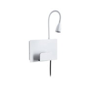 White LED wall light with flexible reading arm and practical metal shelf for modern lighting