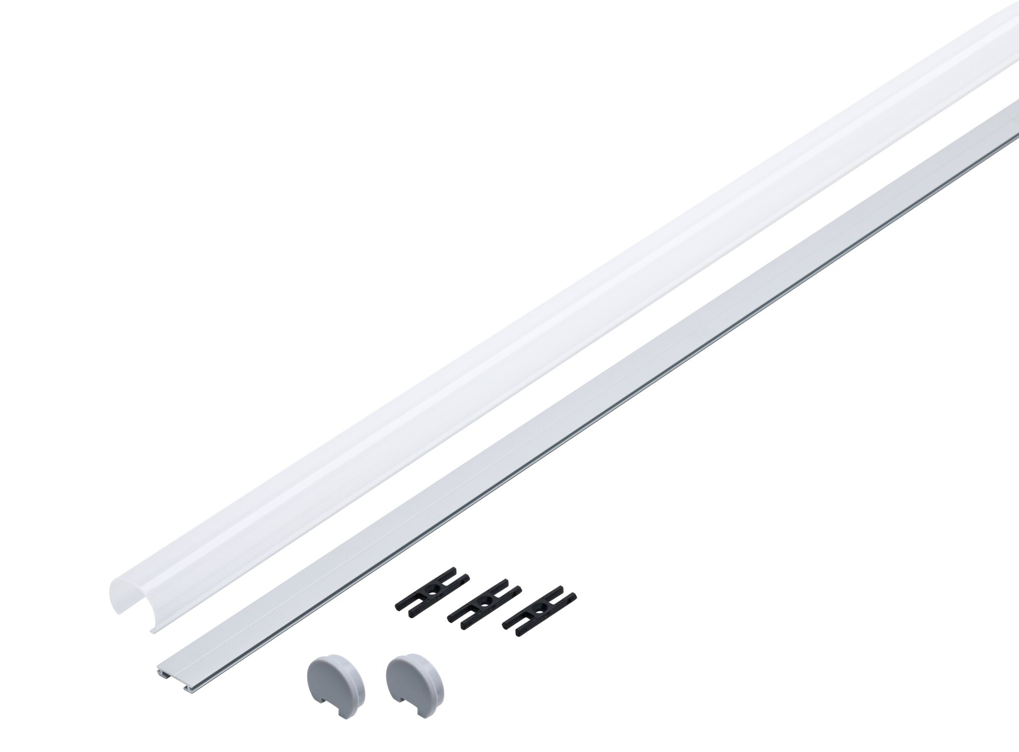 Aluminium LED-Profil in Silber mit weißem Diffusor und Montageclips für LED-Streifenbeleuchtung