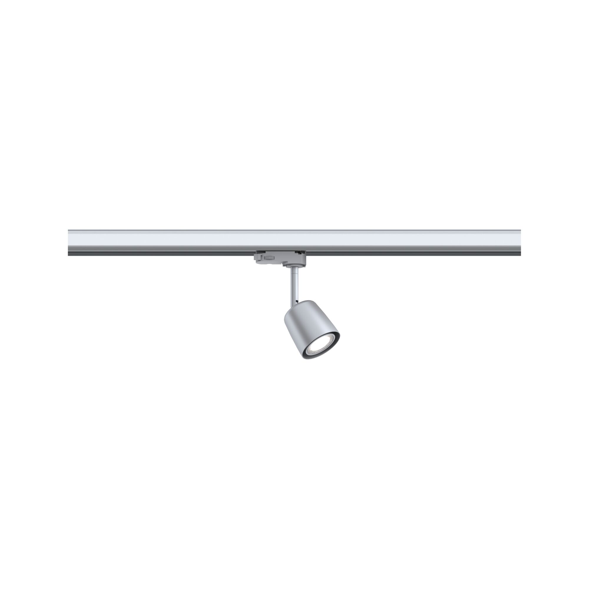 Moderner silberner LED-Strahler aus Metall an Schienensystem für flexible Beleuchtung