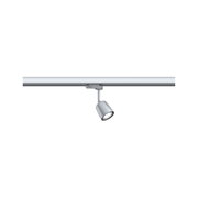 Moderner silberner LED-Strahler aus Metall an Schienensystem für flexible Beleuchtung
