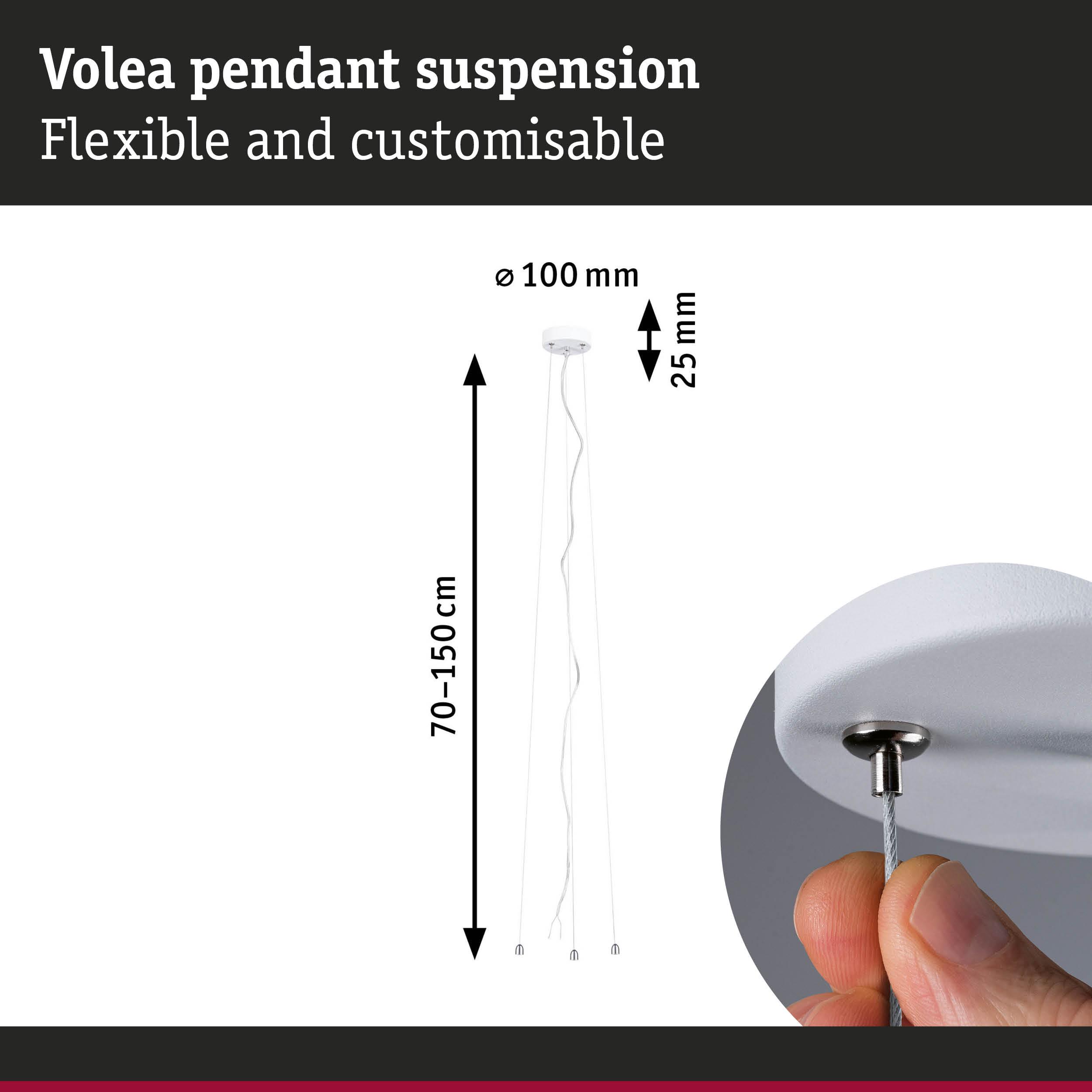 Flexible white Volea pendant suspension with adjustable length 70-150 cm and 100 mm ceiling mount