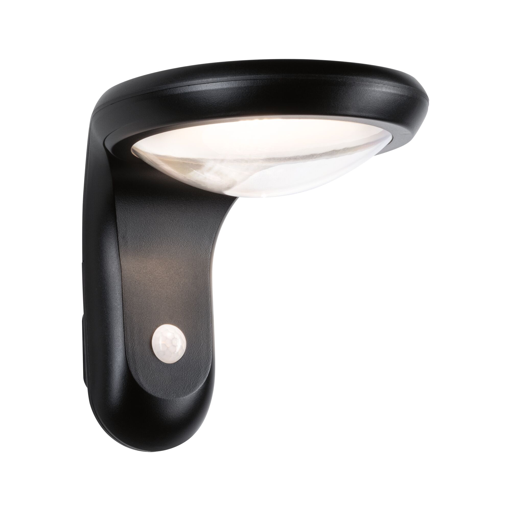 Black outdoor wall light made of plastic with motion sensor and white diffuser for garden lighting