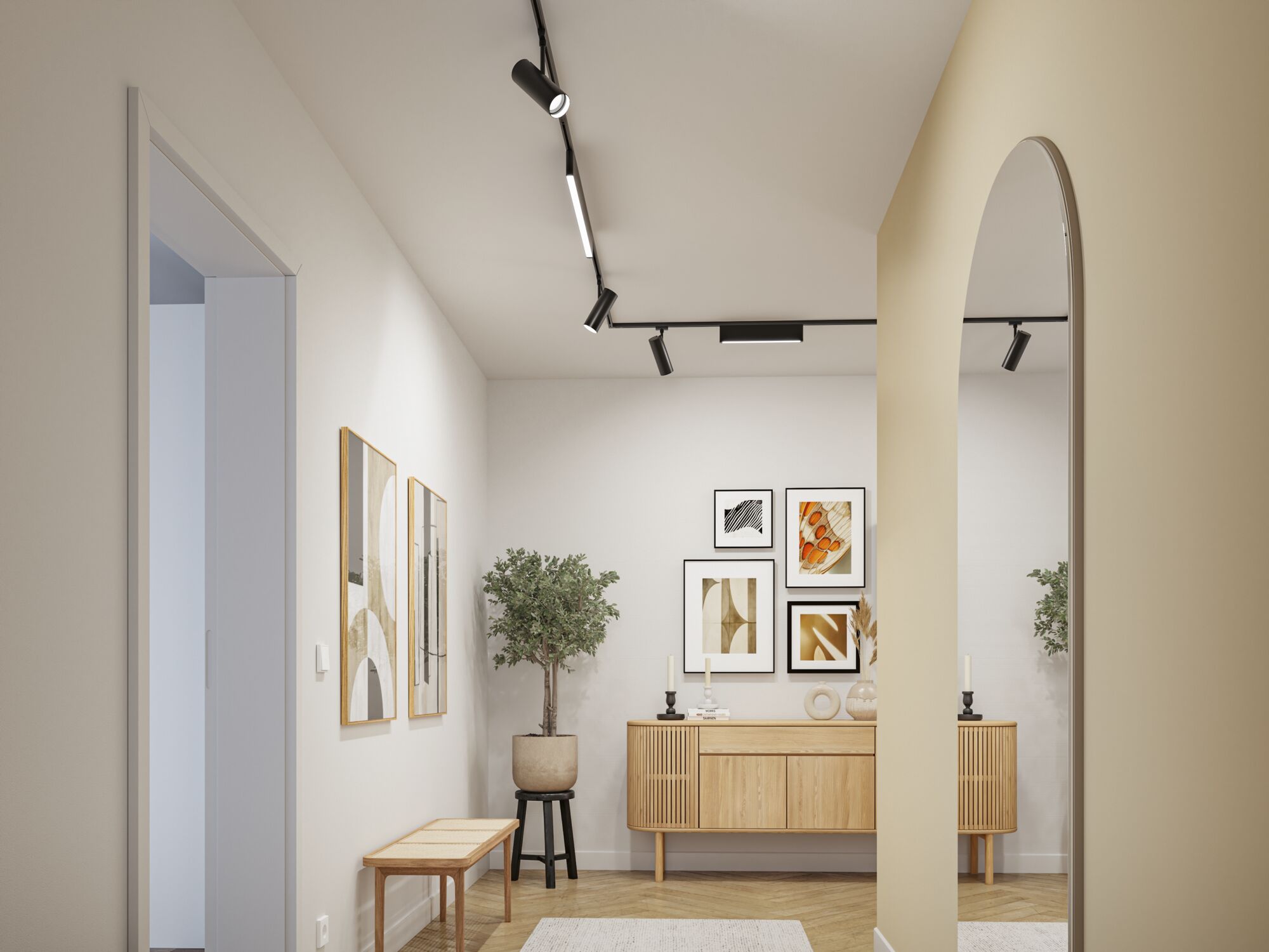 Schwarzes LED-Schienensystem mit Spots in modernem Flur mit Holzsideboard und Pflanzen