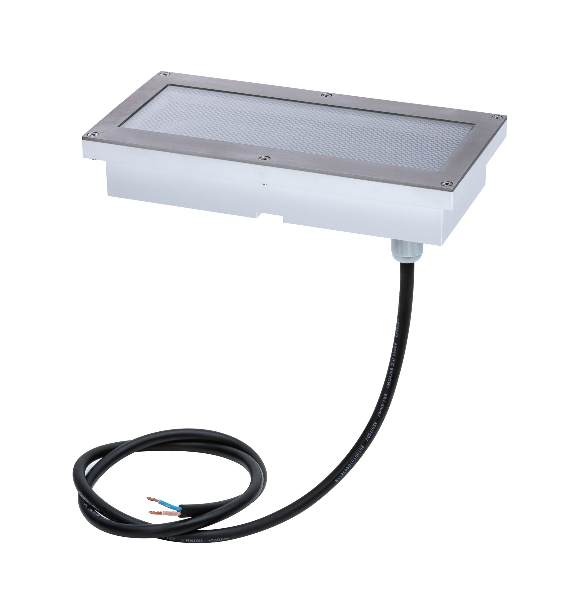 Rechthoekige LED-inbouwlamp van roestvrij staal met witte diffuser en zwarte kabel voor buitenverlichting
