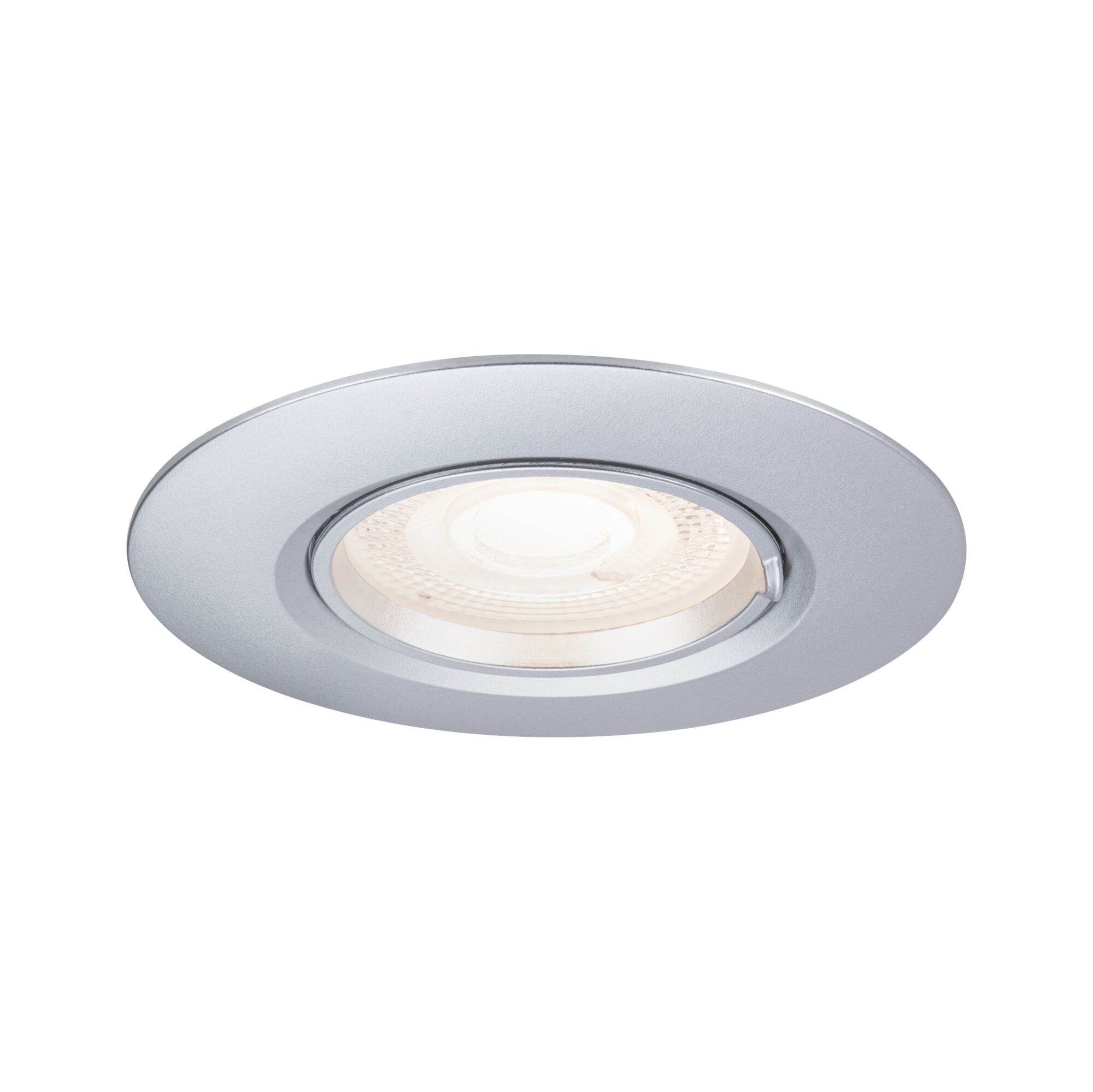 Runder Einbaustrahler aus silbernem Aluminium mit warmweißem LED-Licht für moderne Innenbeleuchtung