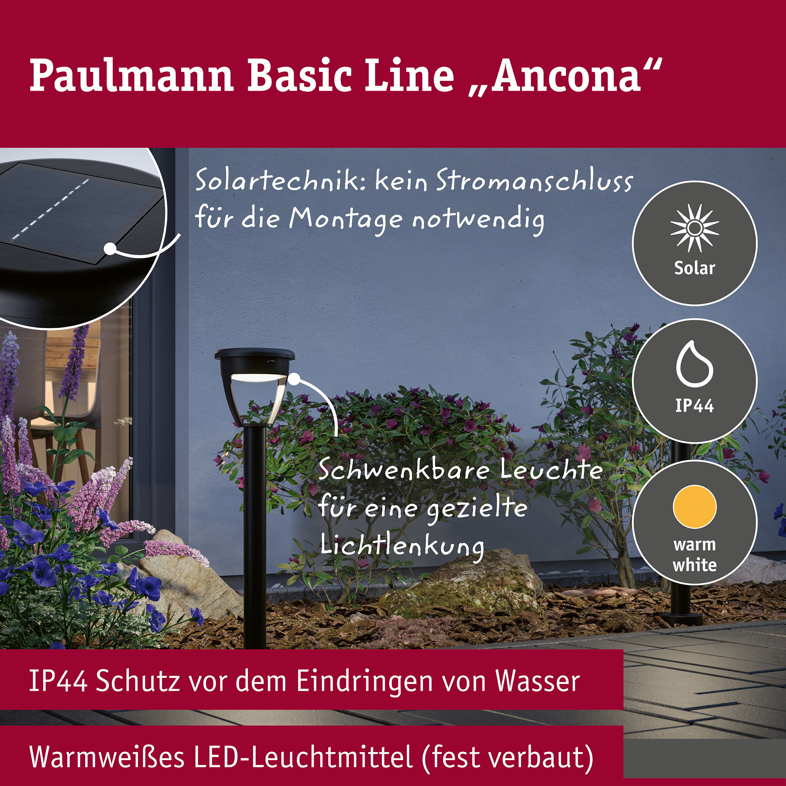 Solar LED Erdspieß Ancona IP44 3000K 300lm Schwarz 140mm