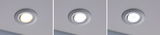 Three round LED recessed lights with moisture-resistant silver frame and adjustable light color