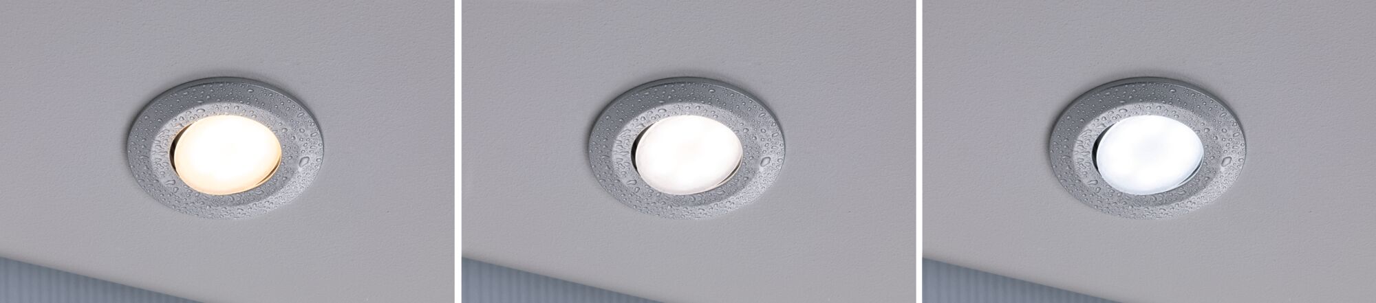 Three round LED recessed lights with moisture-resistant silver frame and adjustable light color