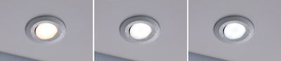 Three round LED recessed lights with moisture-resistant silver frame and adjustable light color