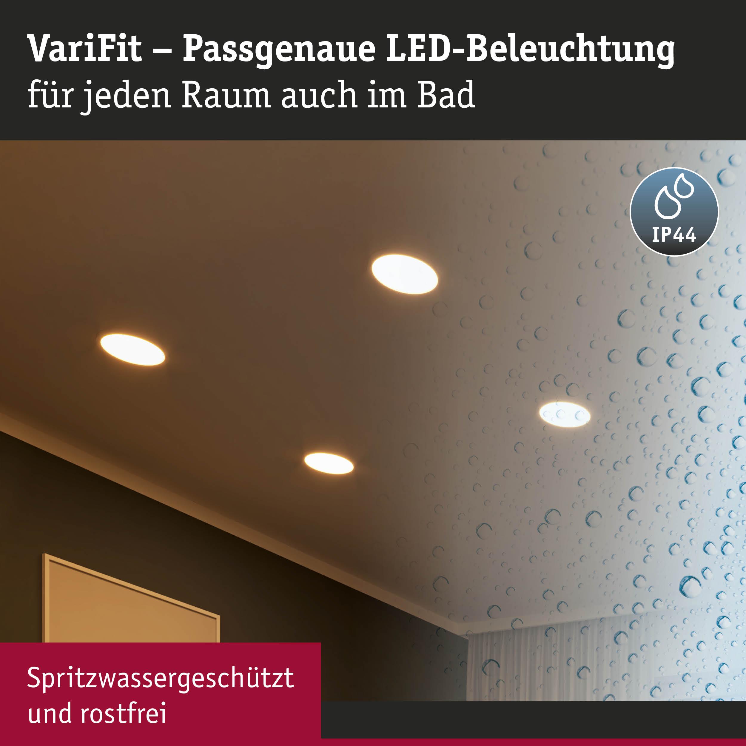 VariFit LED-Einbaustrahler mit Spritzwasserschutz IP44, rostfrei, ideal für Badezimmerbeleuchtung.