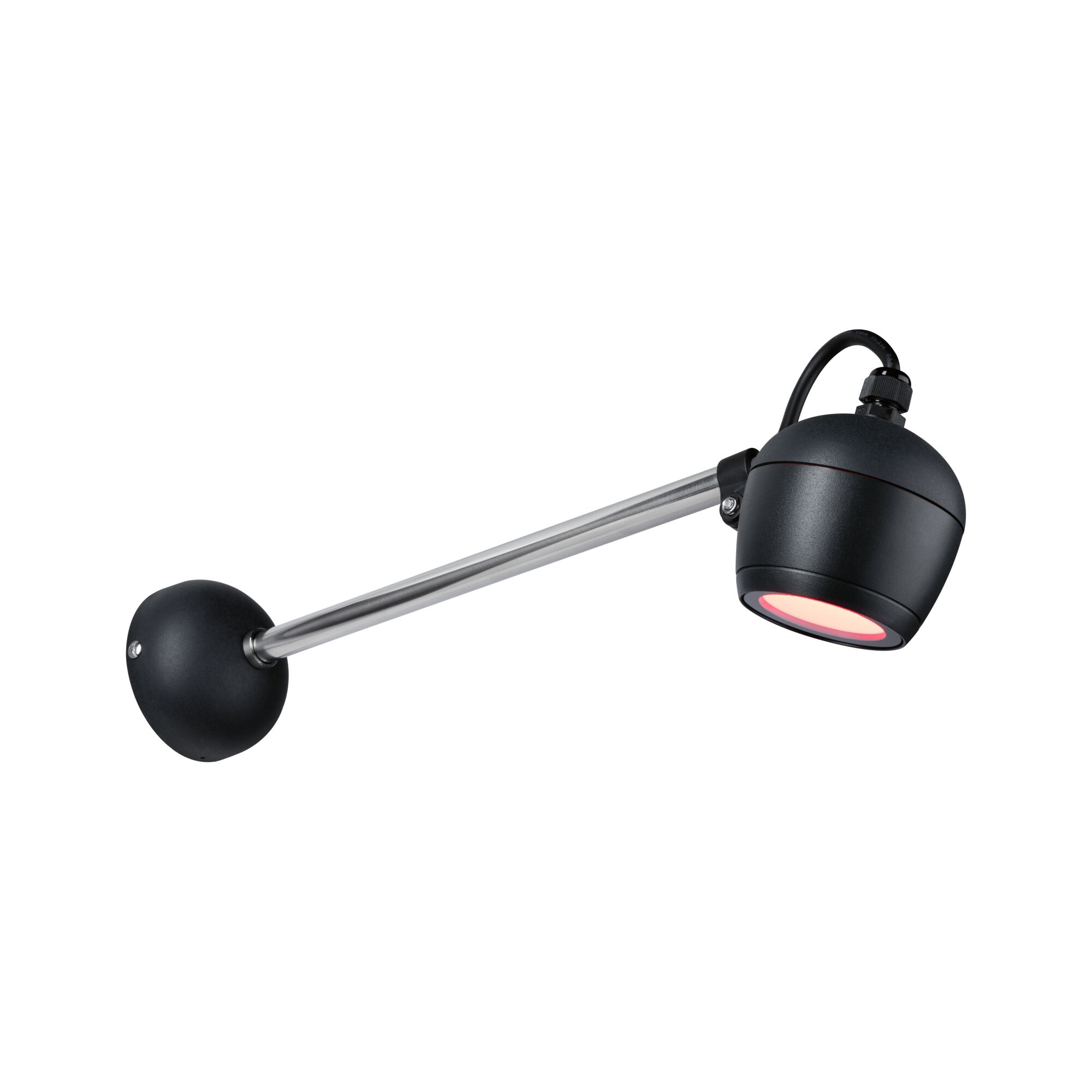 Black wall lamp with adjustable stainless steel arm and red LED light for modern indoor lighting