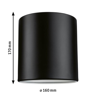 Black cylindrical metal ceiling light with 170 mm height and 160 mm diameter
