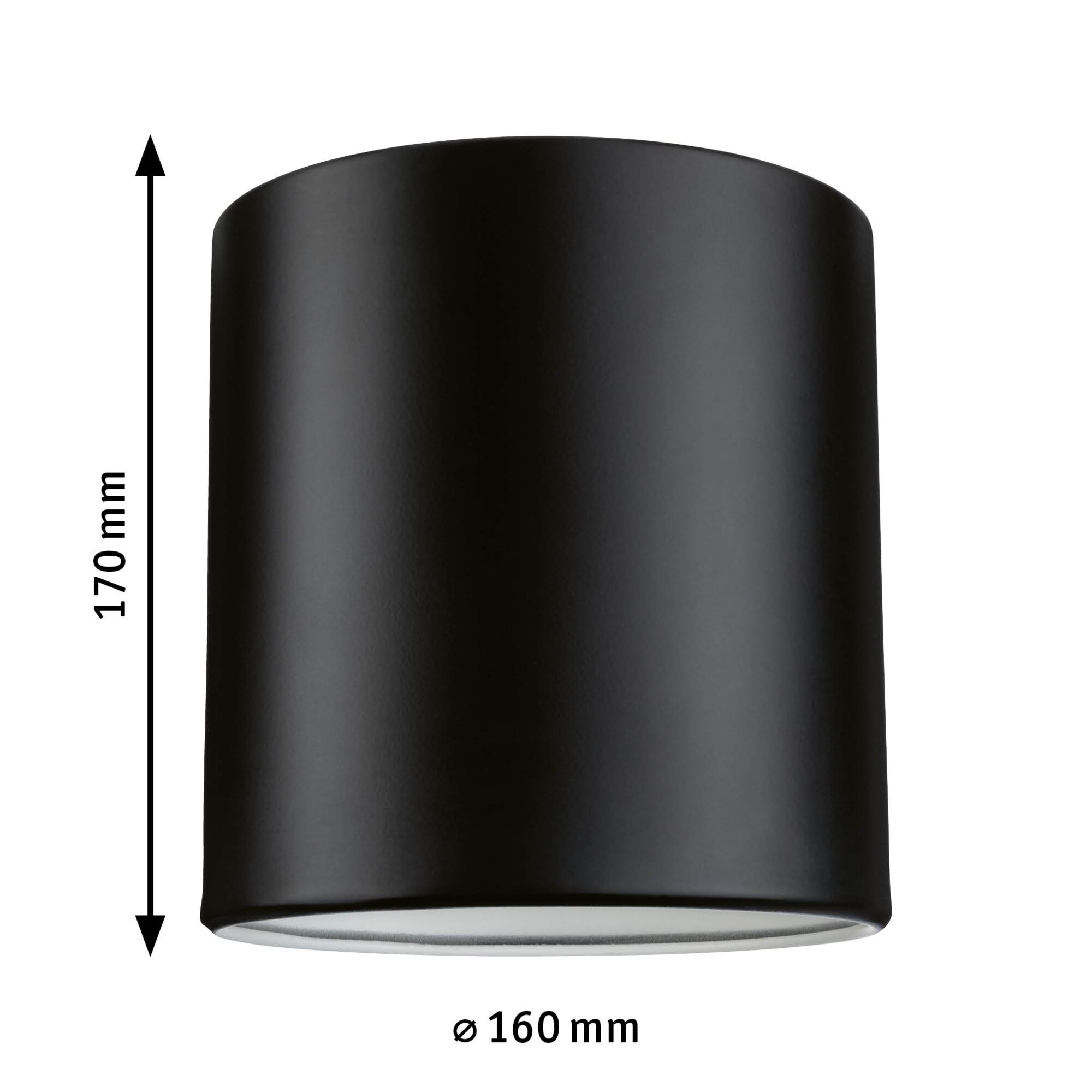 Sort cylindrisk metal loftlampe med 170 mm højde og 160 mm diameter
