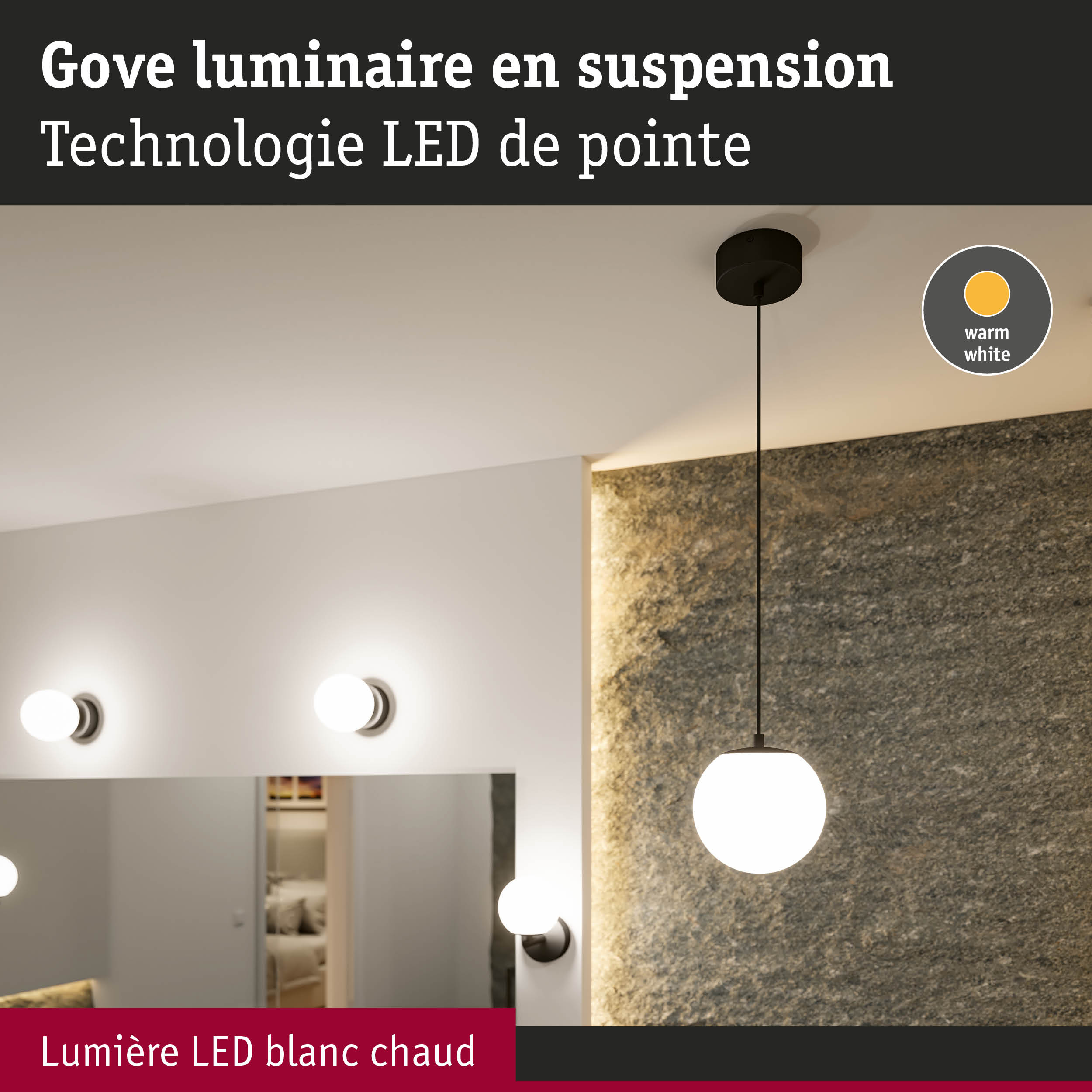 Luminaire suspendu LED moderne avec lumière blanc chaud et câble noir devant un mur texturé