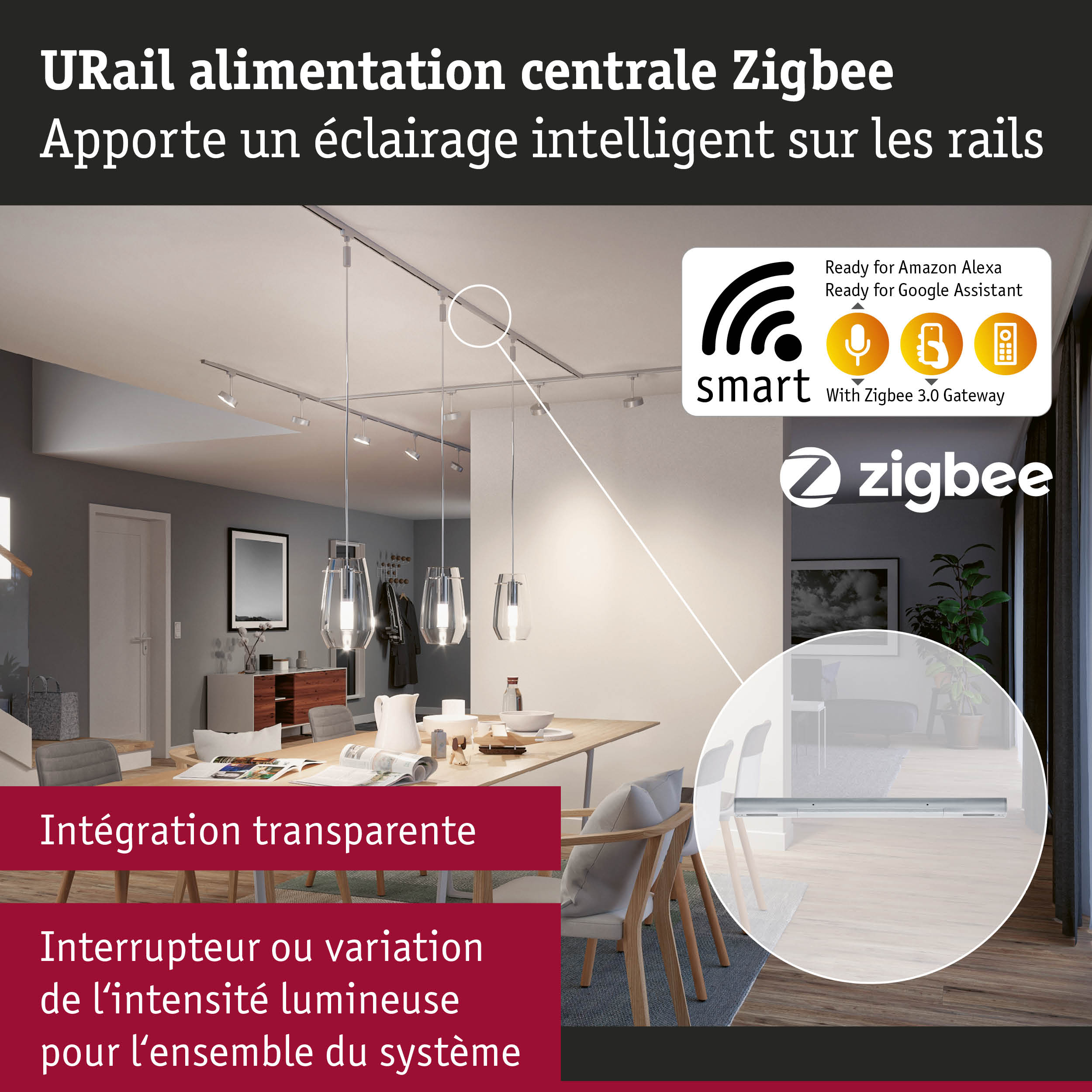 Salon moderne avec système d'alimentation URail Zigbee intelligent et éclairage LED dimmable